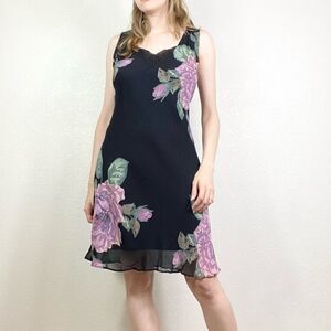 Vintage Black & Purple Floral Knee Length Slip Dress